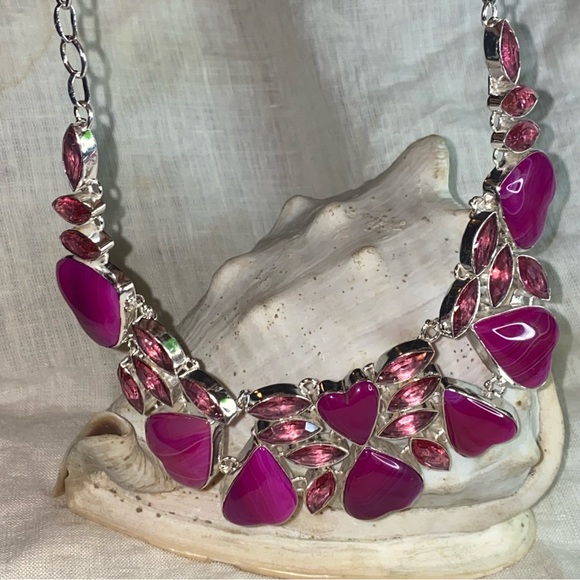 Sweet heart Botswana Agate + Pink Topaz exotic gemstone double tiered necklace - Picture 1 of 13